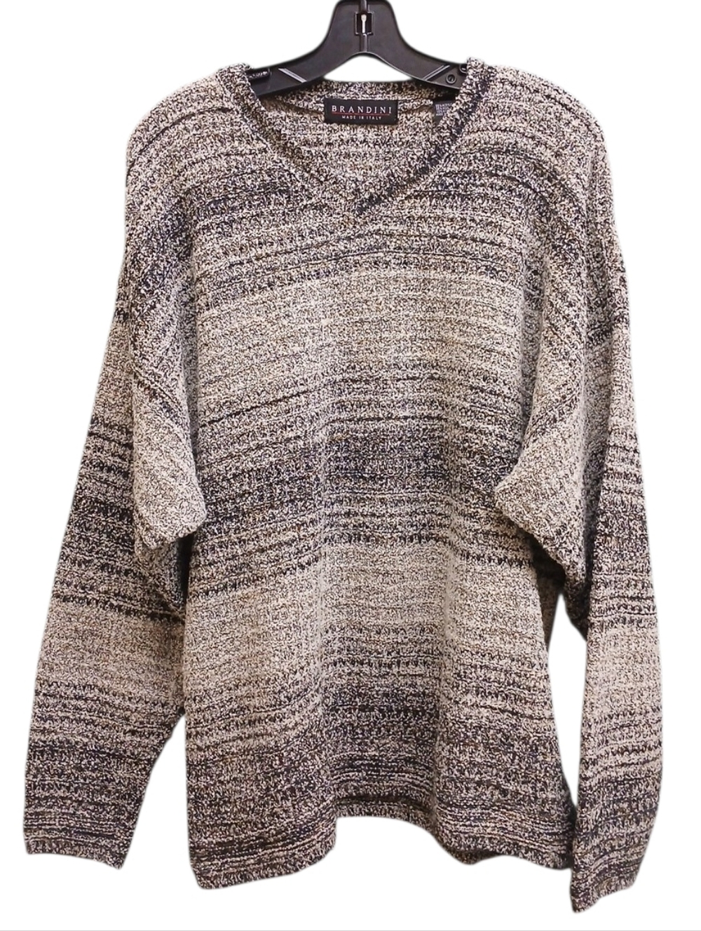 Brandini Ombre V-Neck Knit Sweater - Black & Cream Stripes Size Medium